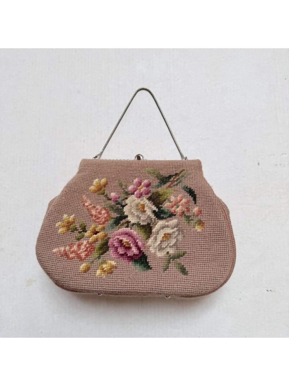 Vintage Handmade Needlepoint Women's Handbag Pink‎ Floral Comb Mirror Inside